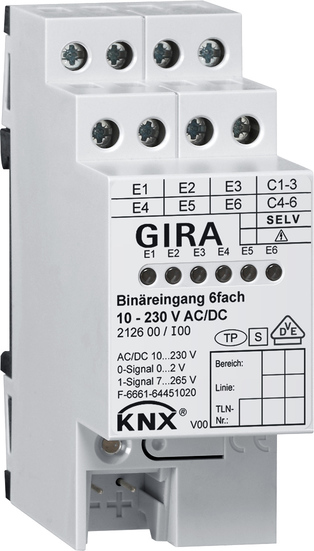 Gira 212600 KNX Двоичный вход 6-местный. 10 - 230 В AC/DC, цвет: REG plus