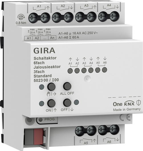 GIRA 502300 Коммутатор KNX, 6-местн., 16 A/исполнительное устройство жалюзи, 3-местн., 16 А, Standard, цвет: REG plus