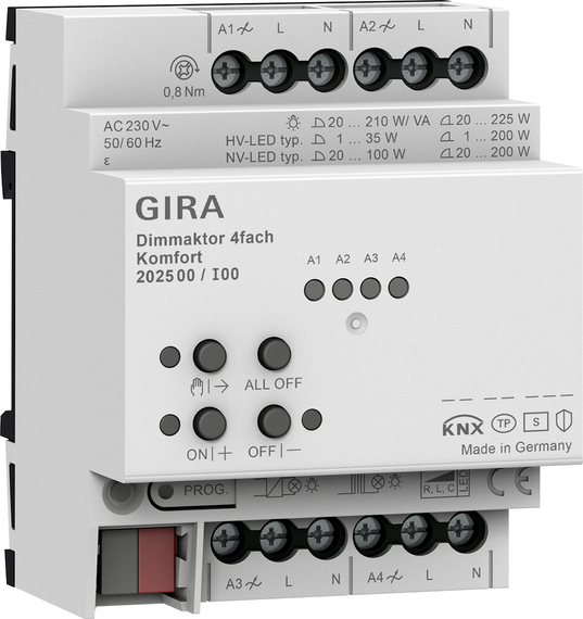 Gira 202500 Исполнительное устройство диммирования, 4-канал. Komfort для KNX4 x 225 Вт/ВА