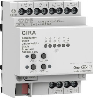 Картинка GIRA 502300 Коммутатор KNX, 6-местн., 16 A/исполнительное устройство жалюзи, 3-местн., 16 А, Standard, цвет: REG plus