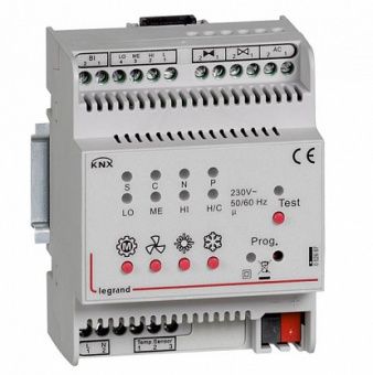 Картинка legrand knx контроллер управления фанкоилами on-off (3 скорости вентилятора, 2 клапана on-off, доп.бинарный вход). din 4 мод 002697