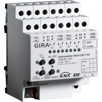 Картинка gira реле/устройство управления жалюзи instabusknx/eib, 4-канальное 230/24-48 b, с ручным управлением 103900