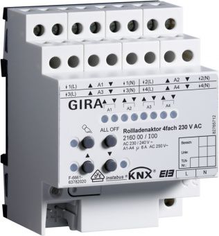 Картинка Gira 216000 Устройство управления жалюзи KNX/EIB, 4-канальный, AC 230 В, цвет: REG plus